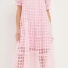 ENGLISH FACTORY Tops*- Organza Gridded Puff Sleeve Maxi Dress PINK