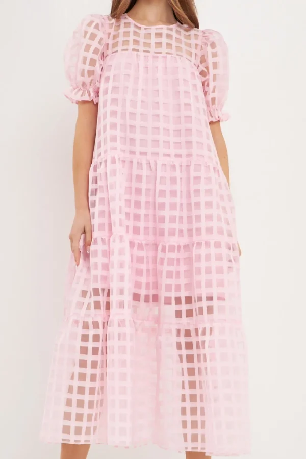 ENGLISH FACTORY Tops*- Organza Gridded Puff Sleeve Maxi Dress PINK