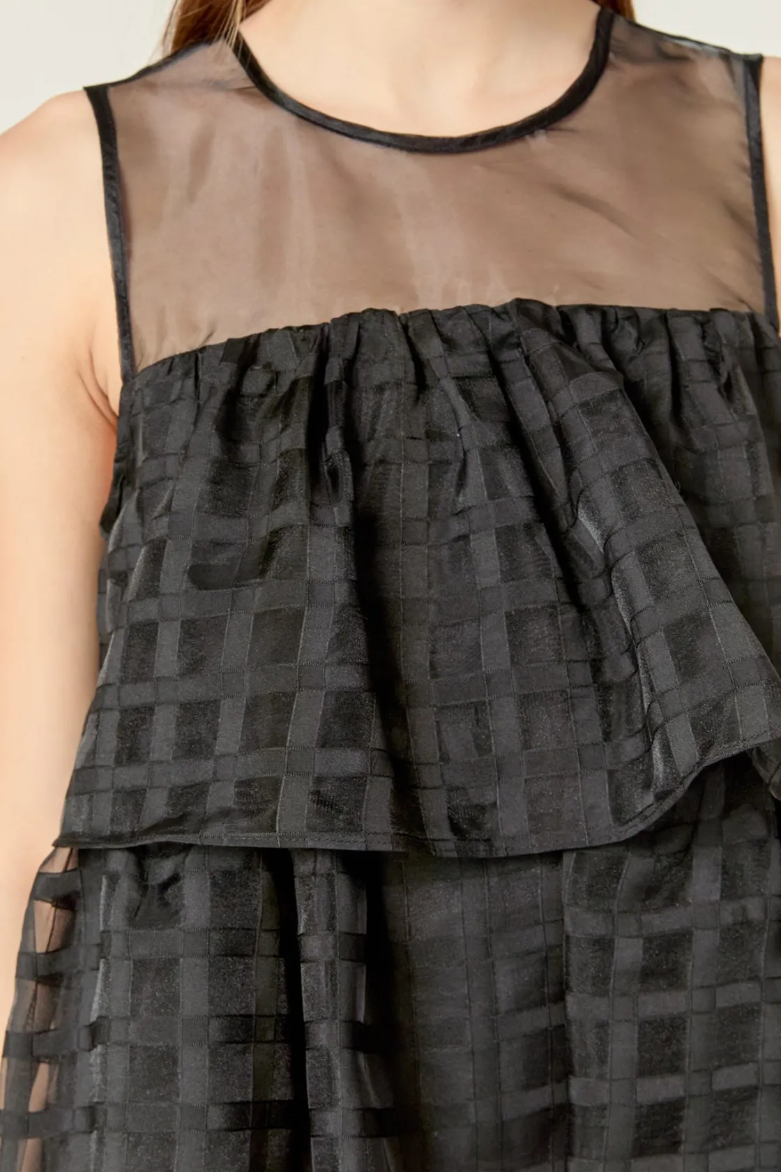 english_factory__organza__0-3.webp ENGLISH FACTORY Tops*- Organza Gridded Tiered Sleeveless Mini Dress
