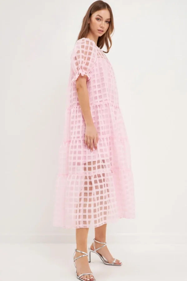 ENGLISH FACTORY Tops*- Organza Gridded Puff Sleeve Maxi Dress PINK