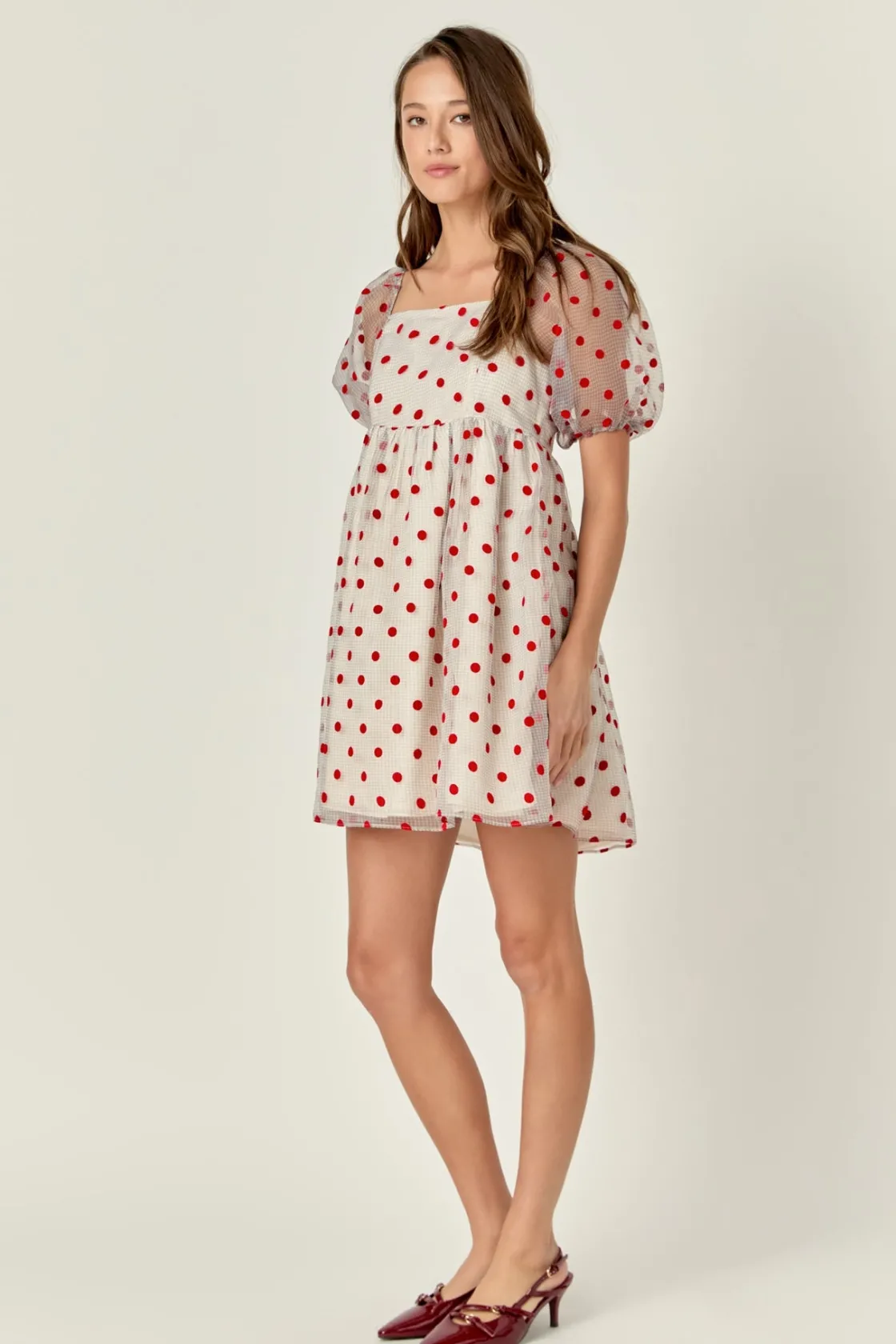 english_factory__organza__1-2.webp ENGLISH FACTORY Tops*- Organza Polka Dot Mini Dress MULTI/REDDOT