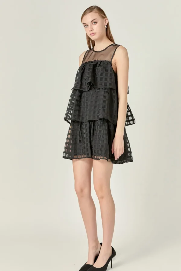 ENGLISH FACTORY Tops*- Organza Gridded Tiered Sleeveless Mini Dress