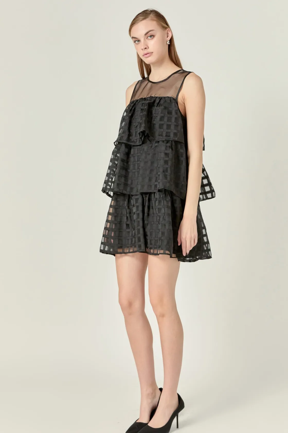 english_factory__organza__1-3.webp ENGLISH FACTORY Tops*- Organza Gridded Tiered Sleeveless Mini Dress