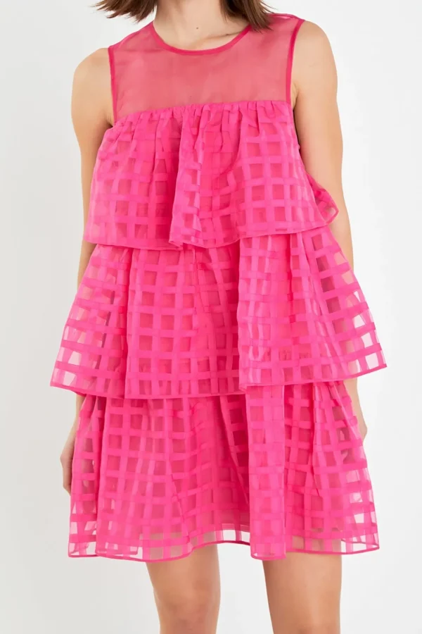 ENGLISH FACTORY Tops*- Organza Gridded Tiered Sleeveless Mini Dress