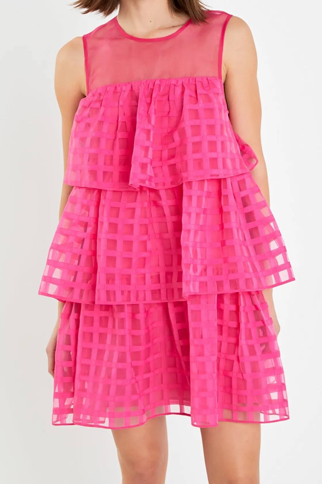 english_factory__organza__10.webp ENGLISH FACTORY Tops*- Organza Gridded Tiered Sleeveless Mini Dress