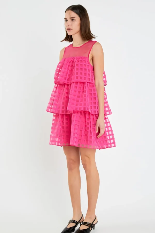 ENGLISH FACTORY Tops*- Organza Gridded Tiered Sleeveless Mini Dress