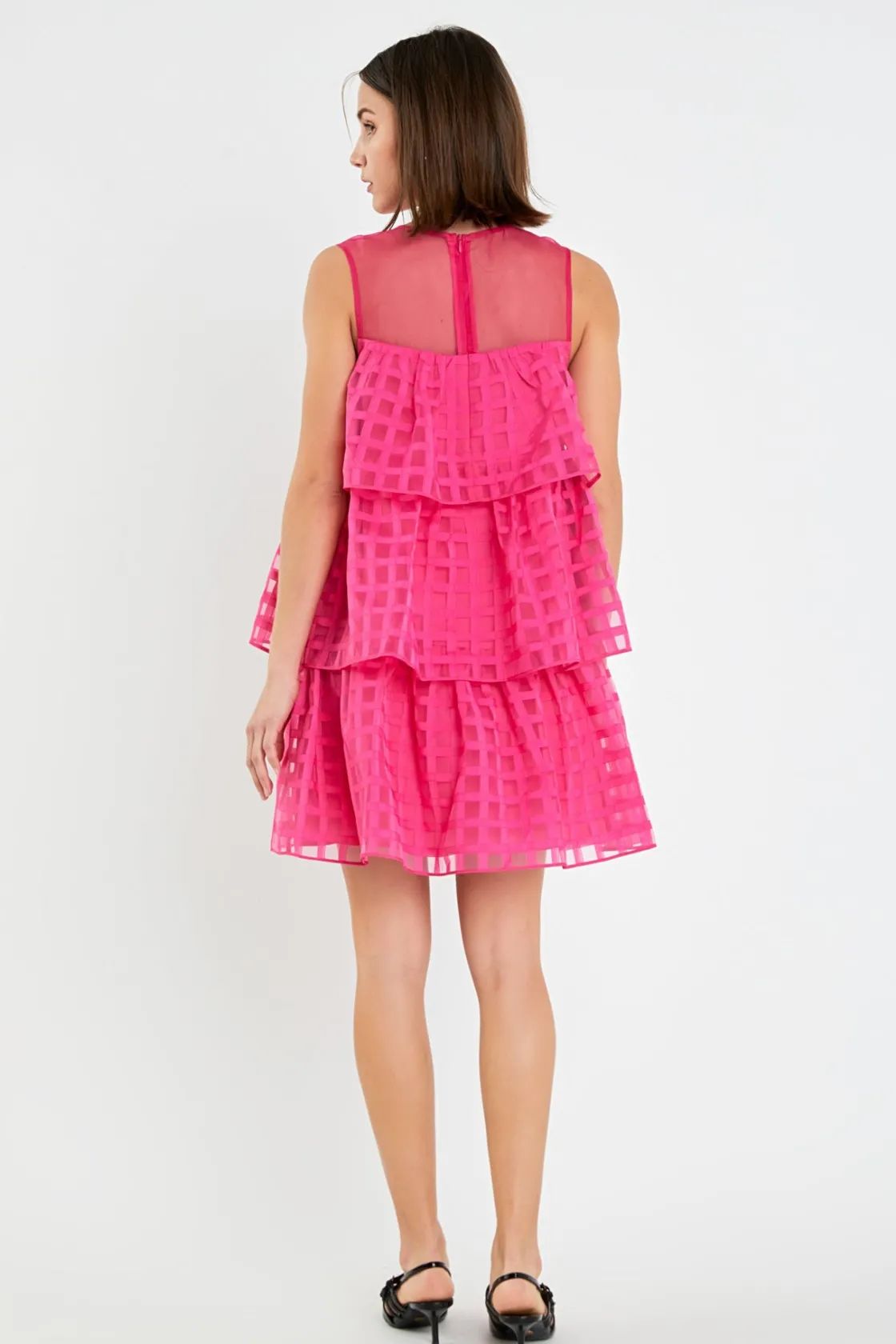 english_factory__organza__12.webp ENGLISH FACTORY Tops*- Organza Gridded Tiered Sleeveless Mini Dress