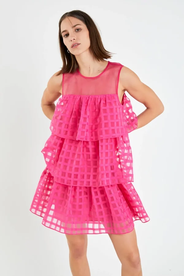 ENGLISH FACTORY Tops*- Organza Gridded Tiered Sleeveless Mini Dress