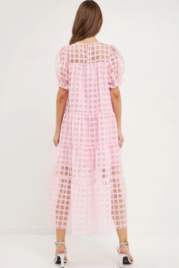 ENGLISH FACTORY Tops*- Organza Gridded Puff Sleeve Maxi Dress PINK