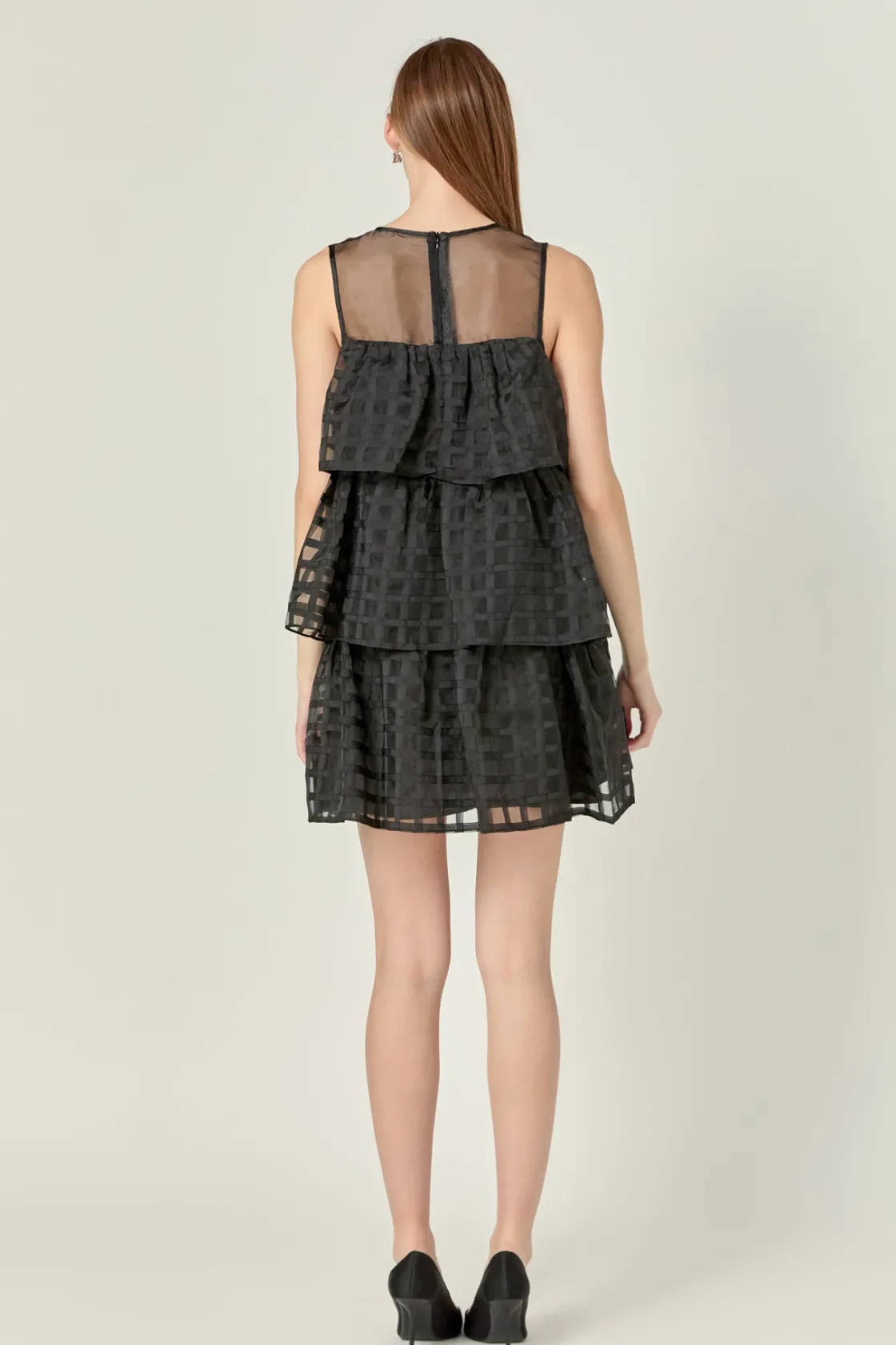 english_factory__organza__2-3.webp ENGLISH FACTORY Tops*- Organza Gridded Tiered Sleeveless Mini Dress