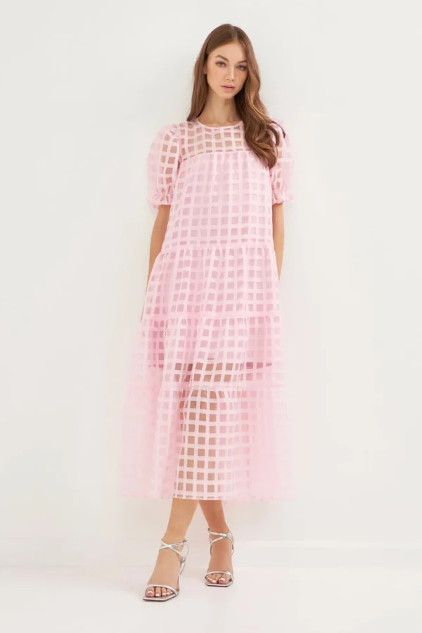 ENGLISH FACTORY Tops*- Organza Gridded Puff Sleeve Maxi Dress PINK
