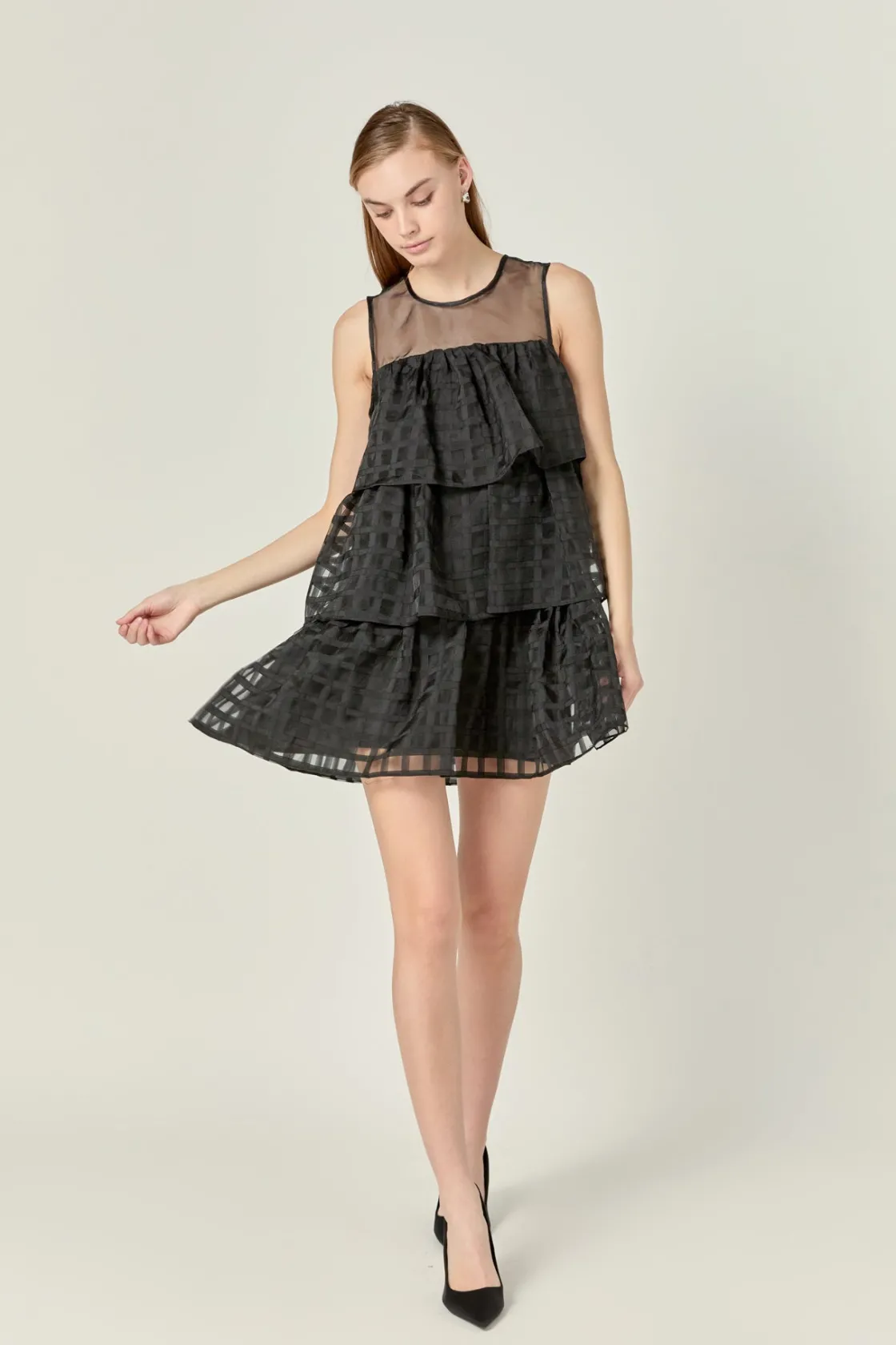 english_factory__organza__3-3.webp ENGLISH FACTORY Tops*- Organza Gridded Tiered Sleeveless Mini Dress