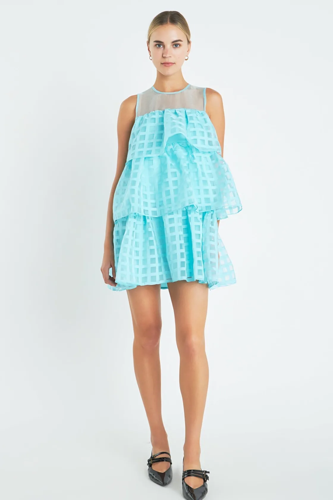 english_factory__organza__4-1.webp ENGLISH FACTORY Tops*- Organza Gridded Tiered Sleeveless Mini Dress