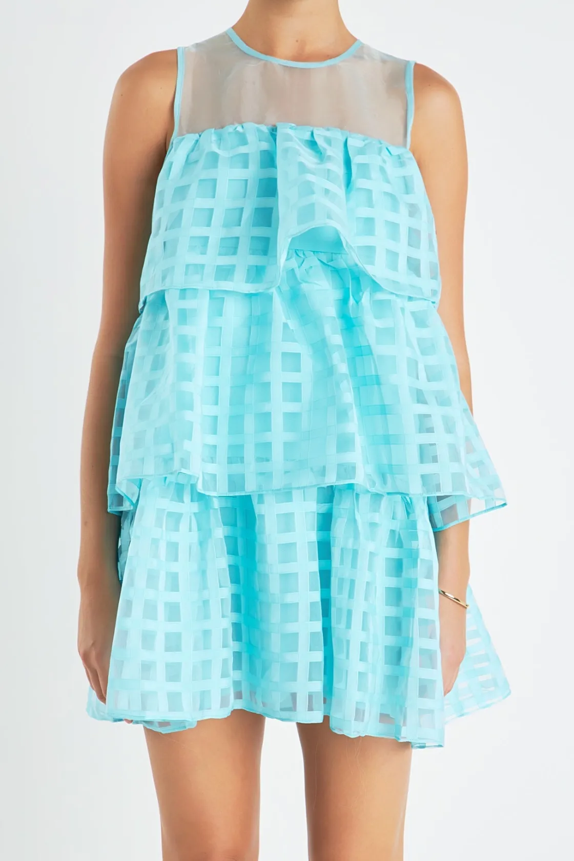 english_factory__organza__5-1.webp ENGLISH FACTORY Tops*- Organza Gridded Tiered Sleeveless Mini Dress