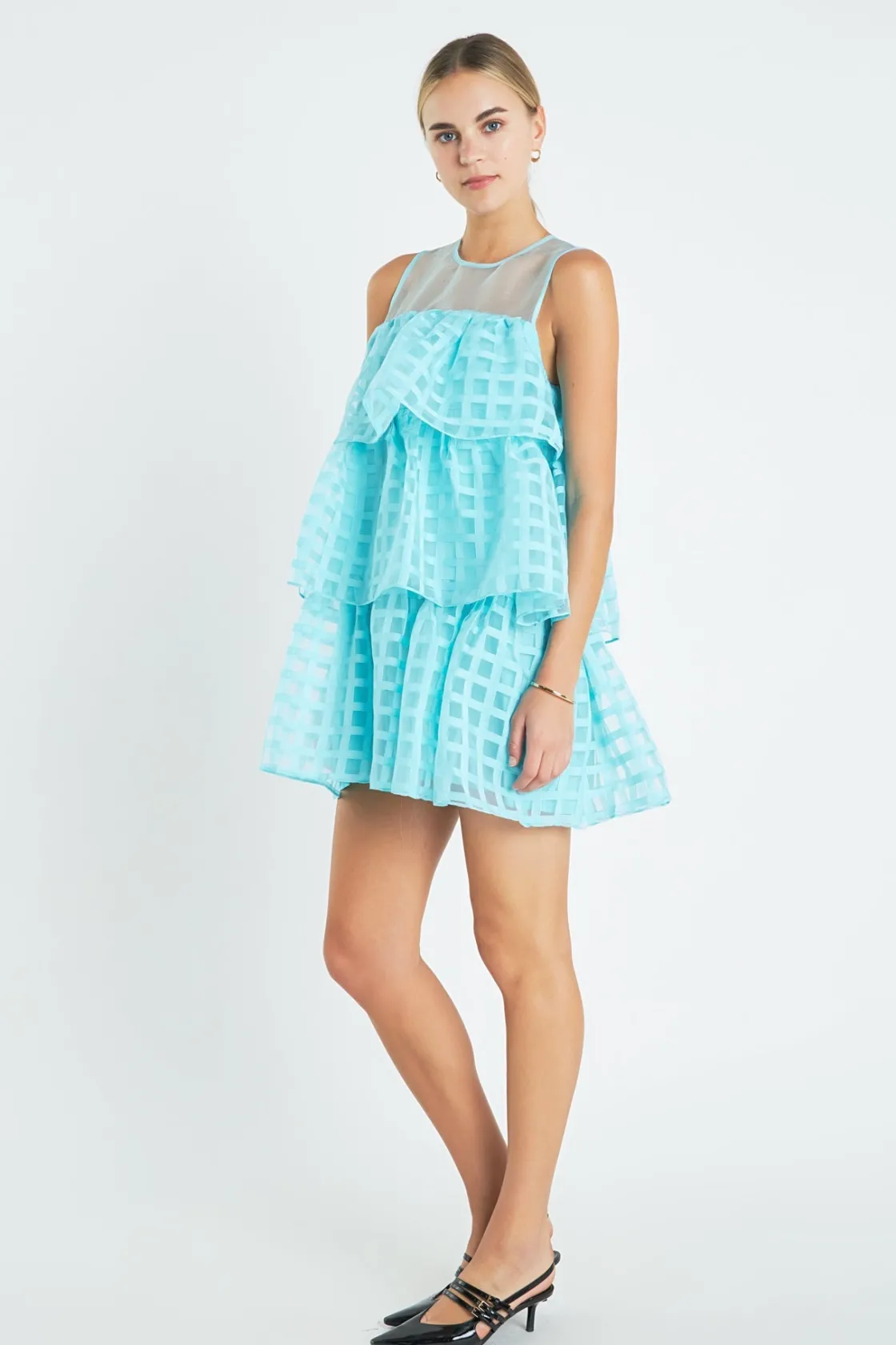 english_factory__organza__6-1.webp ENGLISH FACTORY Tops*- Organza Gridded Tiered Sleeveless Mini Dress