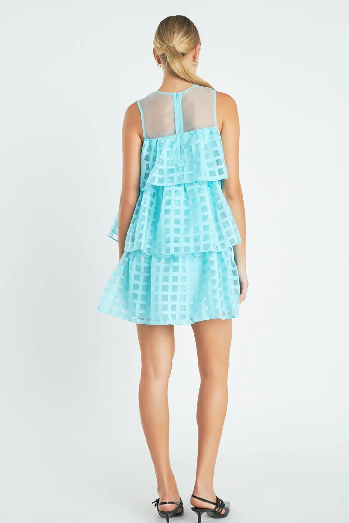 english_factory__organza__7-1.webp ENGLISH FACTORY Tops*- Organza Gridded Tiered Sleeveless Mini Dress