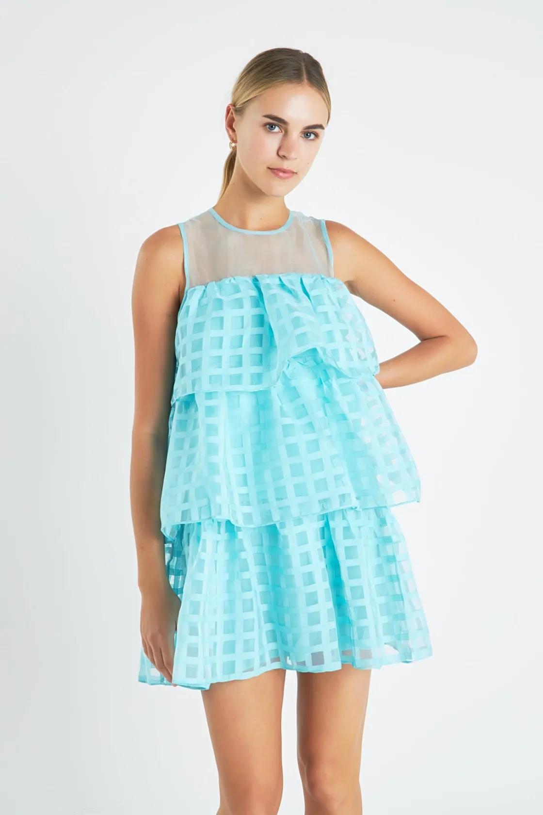 english_factory__organza__8-1.webp ENGLISH FACTORY Tops*- Organza Gridded Tiered Sleeveless Mini Dress