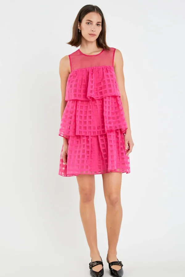 ENGLISH FACTORY Tops*- Organza Gridded Tiered Sleeveless Mini Dress