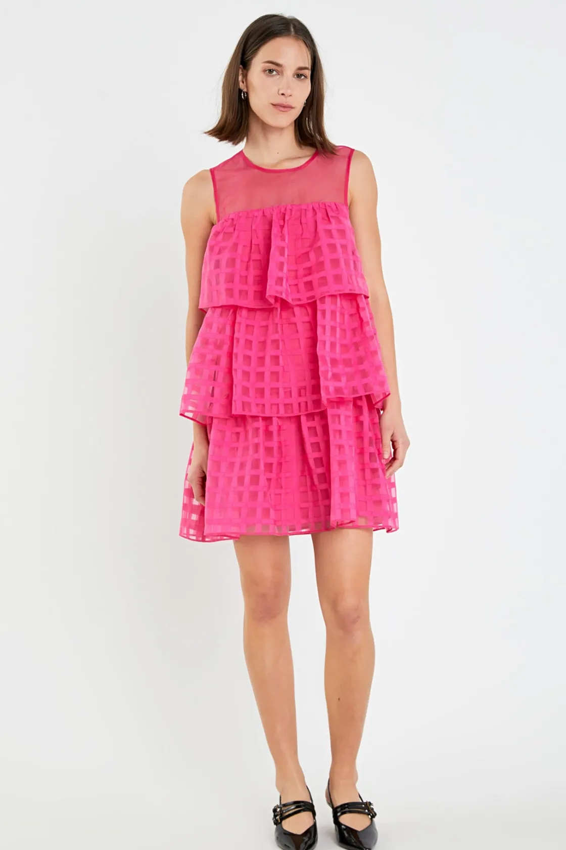 english_factory__organza__9.webp ENGLISH FACTORY Tops*- Organza Gridded Tiered Sleeveless Mini Dress