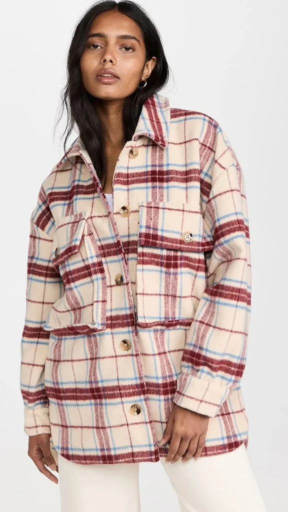ENGLISH FACTORY Tops*- Oversized Plaid Shacket with Pockets MAROONCOMBO