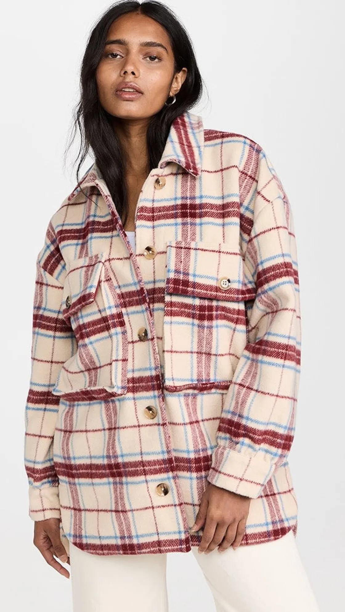 english_factory__oversize_1.webp ENGLISH FACTORY Tops*- Oversized Plaid Shacket with Pockets MAROONCOMBO
