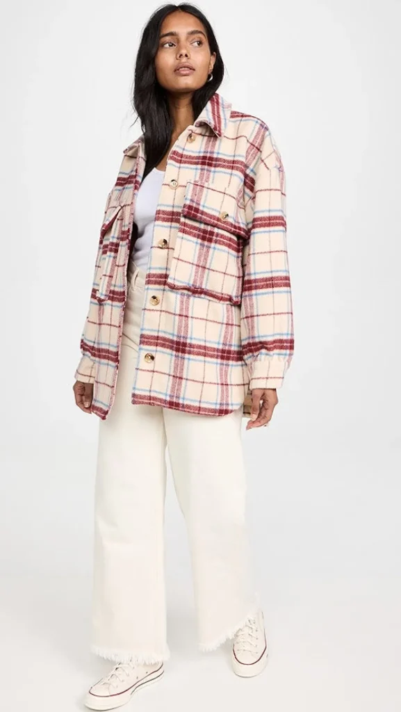 ENGLISH FACTORY Tops*- Oversized Plaid Shacket with Pockets MAROONCOMBO