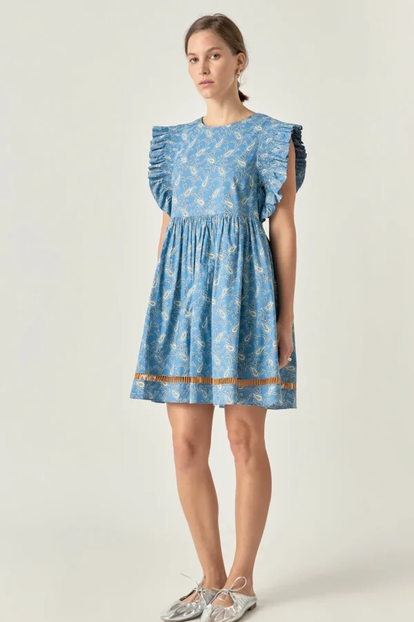 ENGLISH FACTORY Tops*- Paisley Print Ruffle Sleeve Mini Dress BLUEMULTI