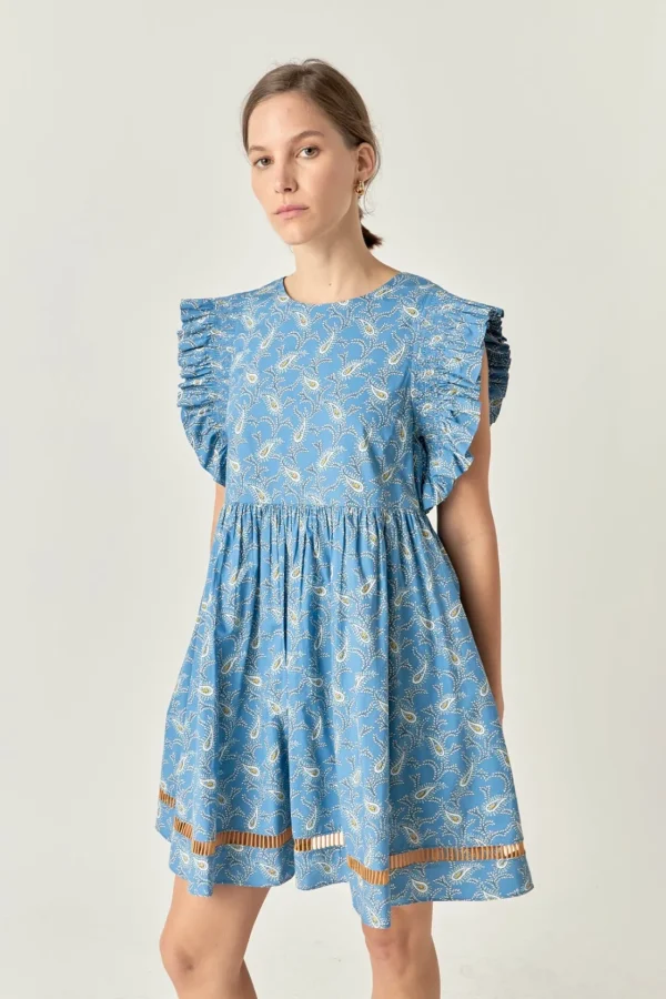 ENGLISH FACTORY Tops*- Paisley Print Ruffle Sleeve Mini Dress BLUEMULTI