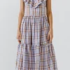 ENGLISH FACTORY Tops*- Plaid Midi Dress With Ruffle Neckline PURPLE