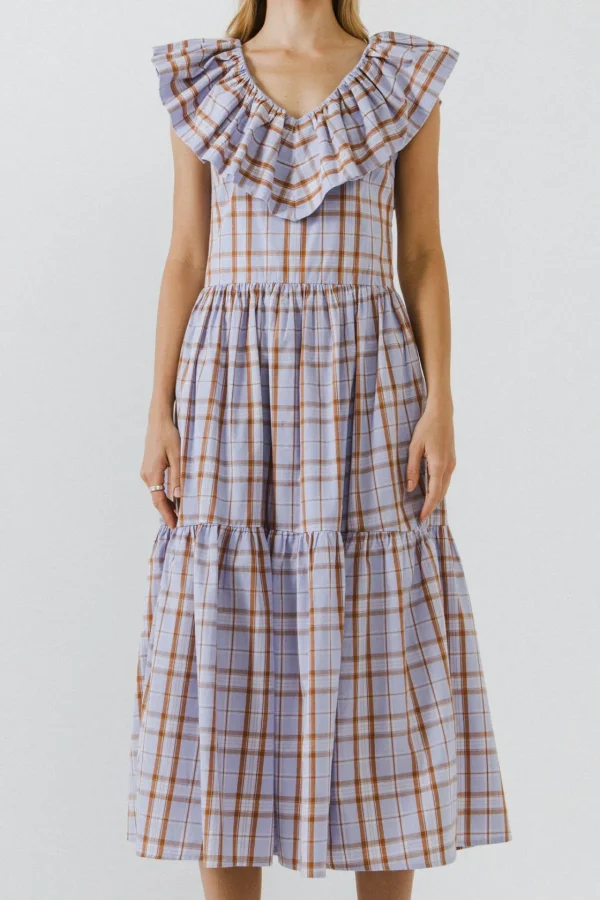 ENGLISH FACTORY Tops*- Plaid Midi Dress With Ruffle Neckline PURPLE