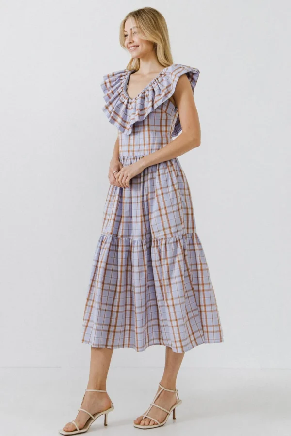 ENGLISH FACTORY Tops*- Plaid Midi Dress With Ruffle Neckline PURPLE