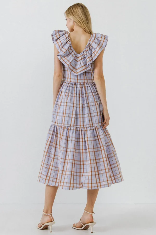ENGLISH FACTORY Tops*- Plaid Midi Dress With Ruffle Neckline PURPLE