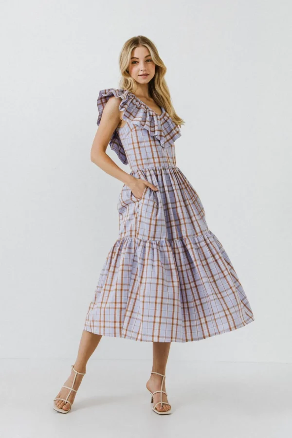 ENGLISH FACTORY Tops*- Plaid Midi Dress With Ruffle Neckline PURPLE