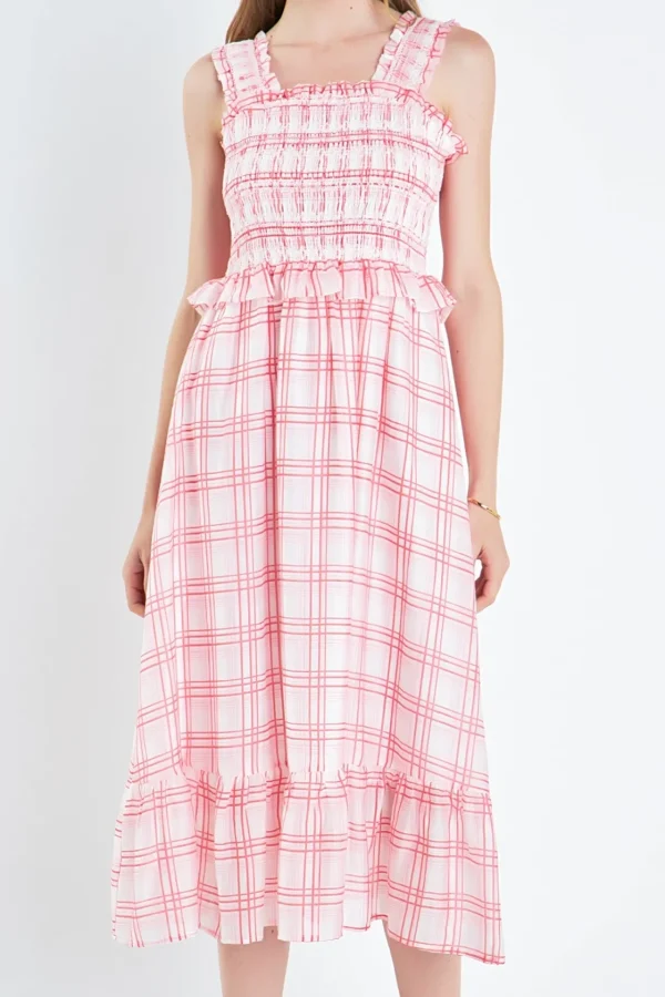 ENGLISH FACTORY Tops*- Plaid Ruffled Midi Dress RED