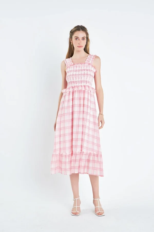 ENGLISH FACTORY Tops*- Plaid Ruffled Midi Dress RED