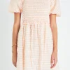 ENGLISH FACTORY Tops*- Plaid Smocked Mini Dress WHITE/CORAL