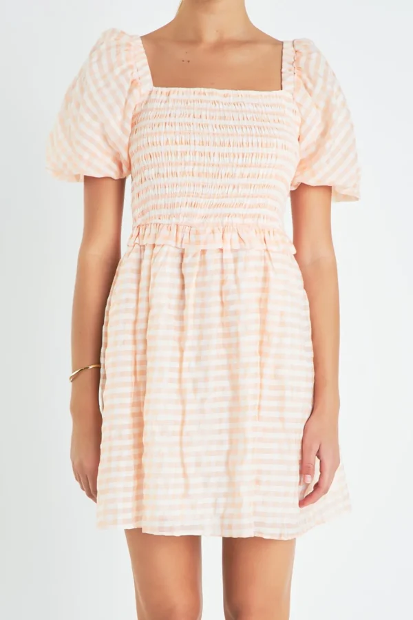 ENGLISH FACTORY Tops*- Plaid Smocked Mini Dress WHITE/CORAL