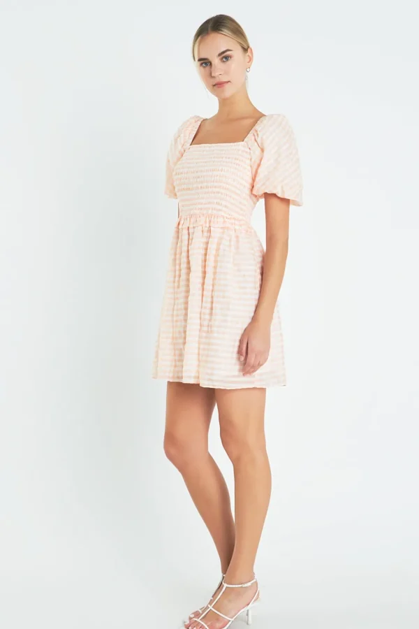 ENGLISH FACTORY Tops*- Plaid Smocked Mini Dress WHITE/CORAL