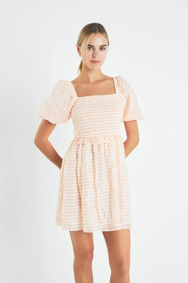 ENGLISH FACTORY Tops*- Plaid Smocked Mini Dress WHITE/CORAL