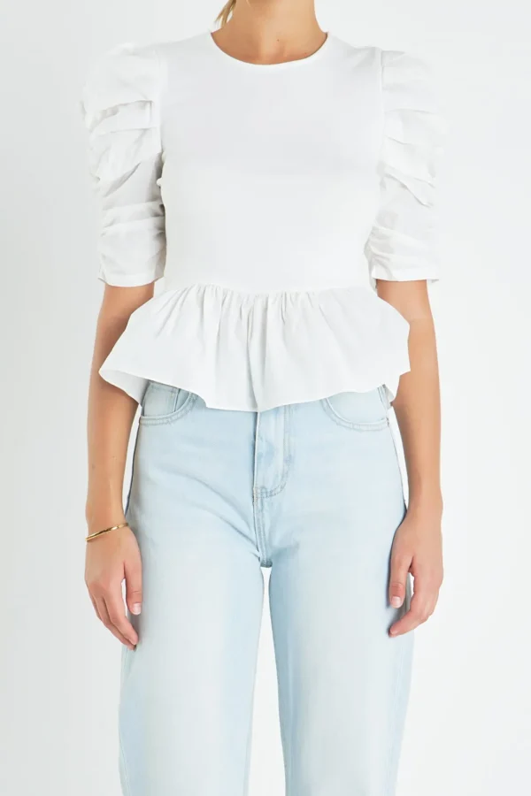 ENGLISH FACTORY Tops*- Pleated Puff Sleeve Top in WHITE