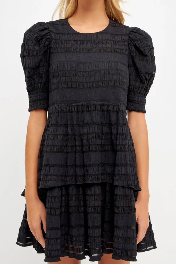 ENGLISH FACTORY Tops*- Pleated Fabric High-Low Dress BLACK