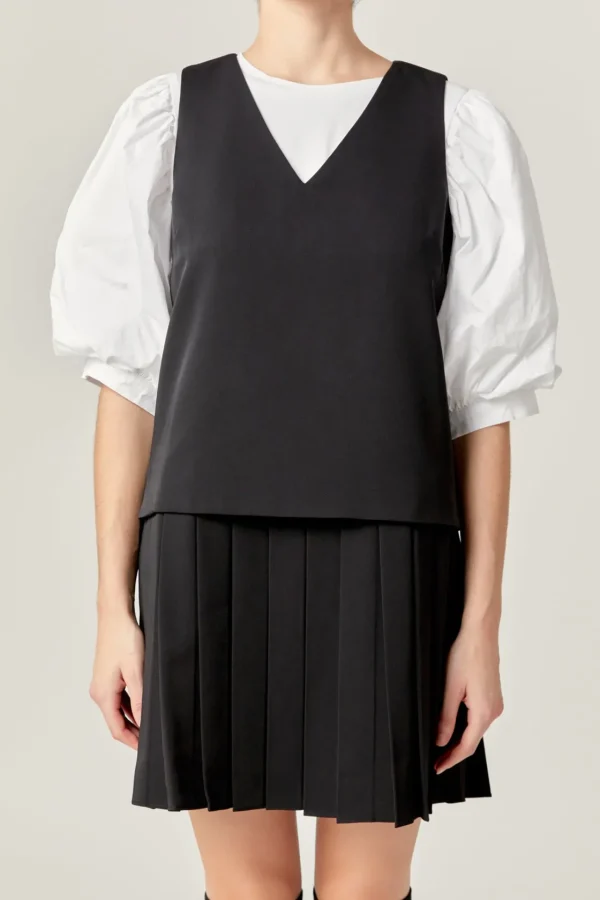 ENGLISH FACTORY Tops*- Pleated Sleeveless Mini Dress BLACK