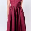 ENGLISH FACTORY Tops*- Pleated Shoulder Midi Dress BURGUNDY