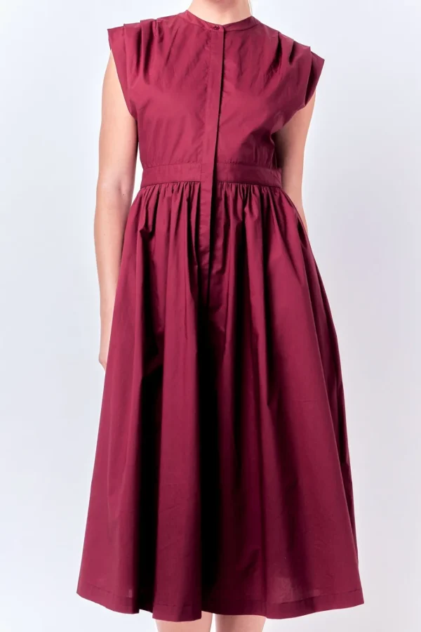 ENGLISH FACTORY Tops*- Pleated Shoulder Midi Dress BURGUNDY