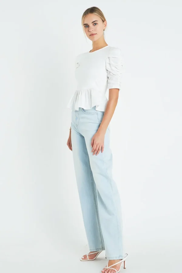 ENGLISH FACTORY Tops*- Pleated Puff Sleeve Top in WHITE