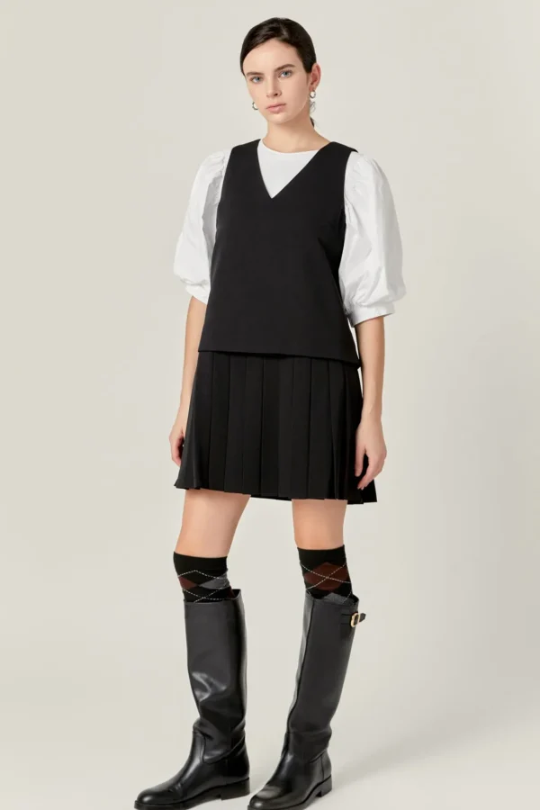 ENGLISH FACTORY Tops*- Pleated Sleeveless Mini Dress BLACK