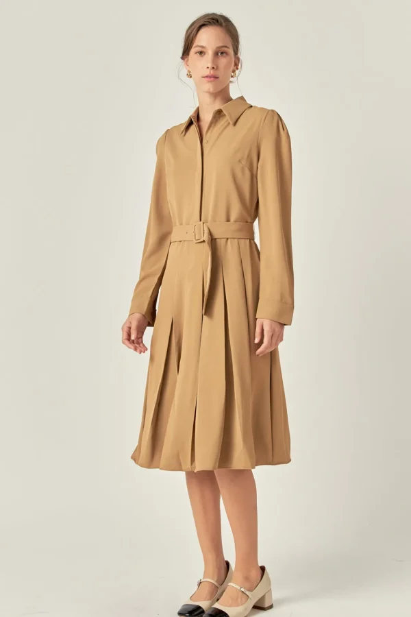 ENGLISH FACTORY Tops*- Pleated Collared Long Sleeve Midi Dress