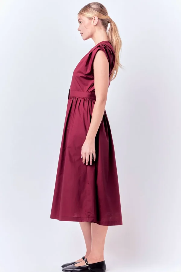 ENGLISH FACTORY Tops*- Pleated Shoulder Midi Dress BURGUNDY
