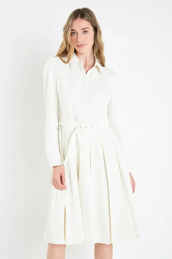 ENGLISH FACTORY Tops*- Pleated Collared Long Sleeve Midi Dress