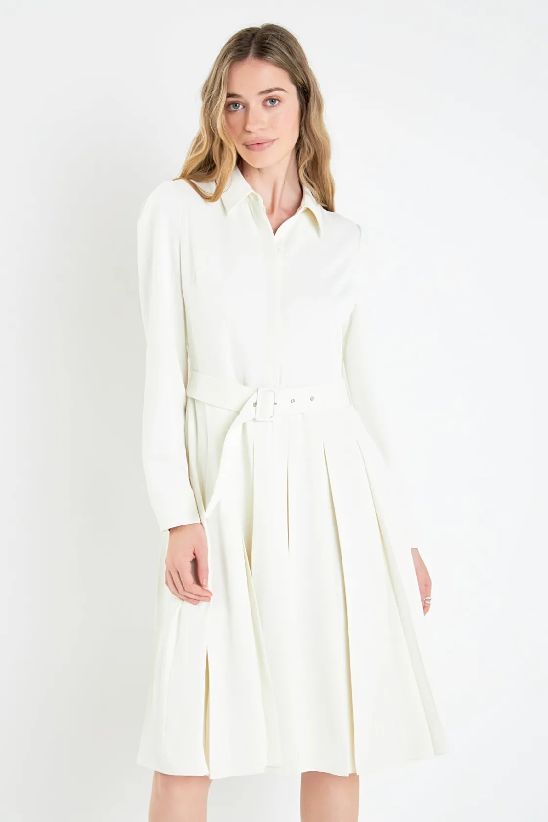 english_factory__pleated__13.webp ENGLISH FACTORY Tops*- Pleated Collared Long Sleeve Midi Dress